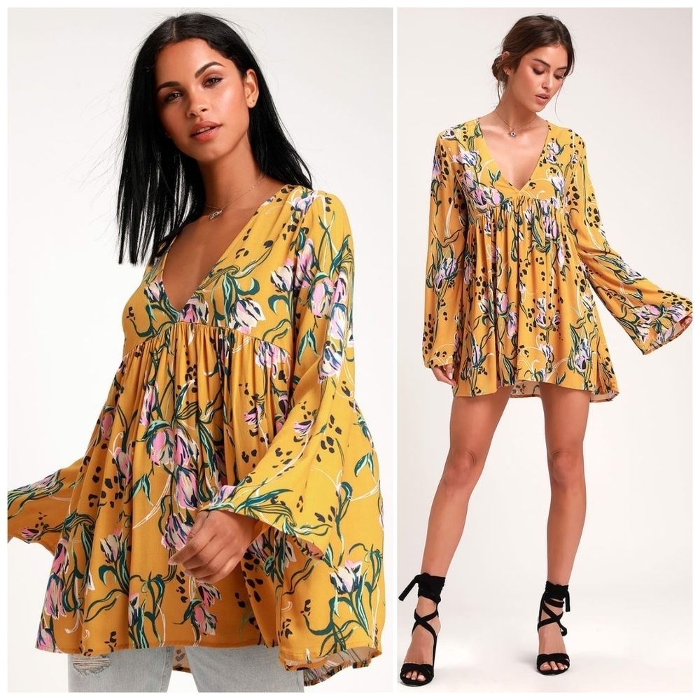 Free People Bella Bell Sleeve V‎ Neck Floral Print Tunic Top Golden Yellow Small